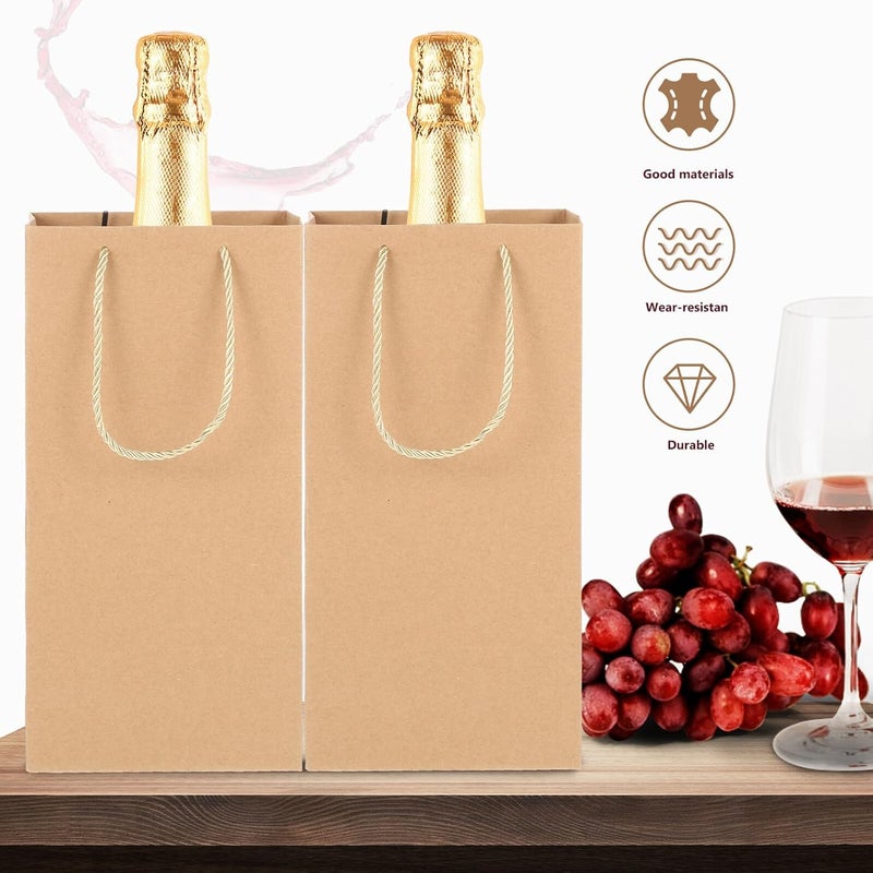 TIDTALEO 10pcs Kraft Paper Wine Bottle Holder Bags with Handles, Thickened Yellow Cowhide Material, Reusable Party Wrapping Pouches for Holiday and Festival Wine Present Packaging - Image 3