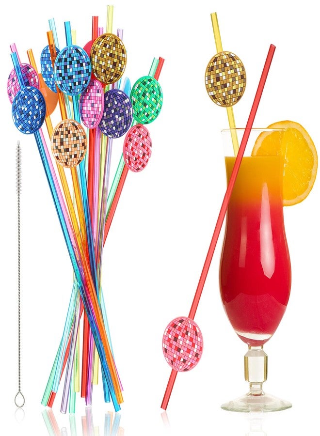 Layhit 24 Pcs Sliding Disco Ball Straws 8 Designs Reusable Colorful PET Glitter Straws with 2 Cleaning Brushes 70s Disco Party Decorations for Wedding Bachelorette Birthday Retro Dance - Image 1