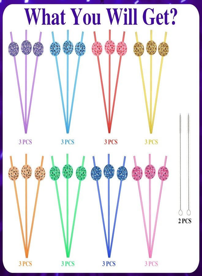 Layhit 24 Pcs Sliding Disco Ball Straws 8 Designs Reusable Colorful PET Glitter Straws with 2 Cleaning Brushes 70s Disco Party Decorations for Wedding Bachelorette Birthday Retro Dance - Image 3