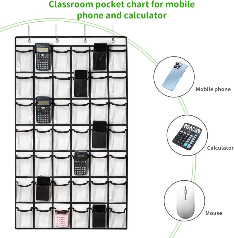 ANSTROUT 42 Clear Pockets Classroom Pocket Chart for Cell Phones and Calculator, Pocket Chart Organizer for Classroom Phone Storage Holder with 42 Number Sticker and Hooks (White) - Image 4