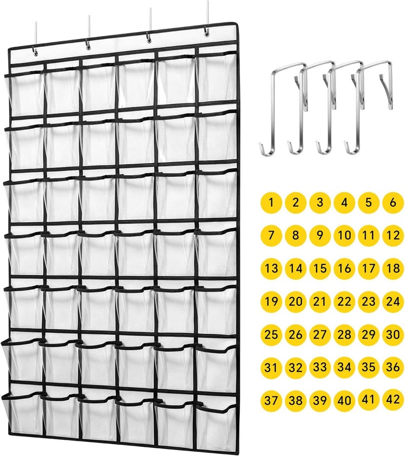 ANSTROUT 42 Clear Pockets Classroom Pocket Chart for Cell Phones and Calculator, Pocket Chart Organizer for Classroom Phone Storage Holder with 42 Number Sticker and Hooks (White) - Image 1