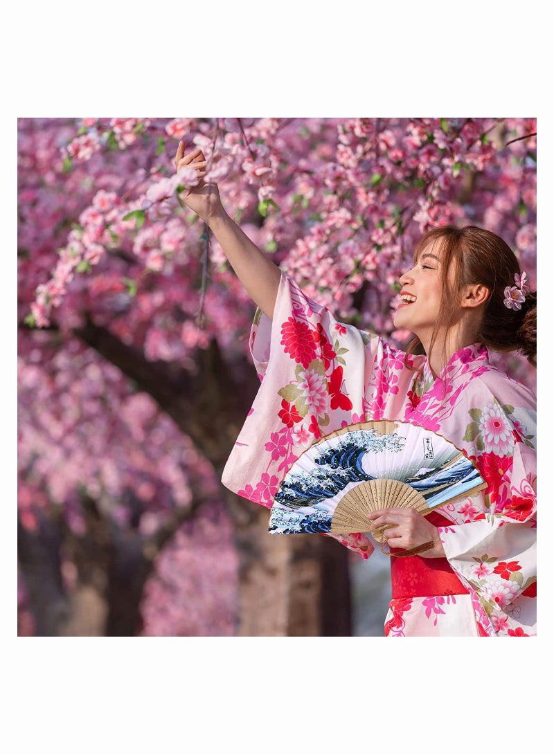 Folding Hand Held Fan, Elegant Janpanese Style Painted Waves Retro Bamboo Folding Fan Home Office Decoration, Handmade Landscape Silk Folding Fan Kanagawa Fan for Women Girls Dance Performance - Image 3