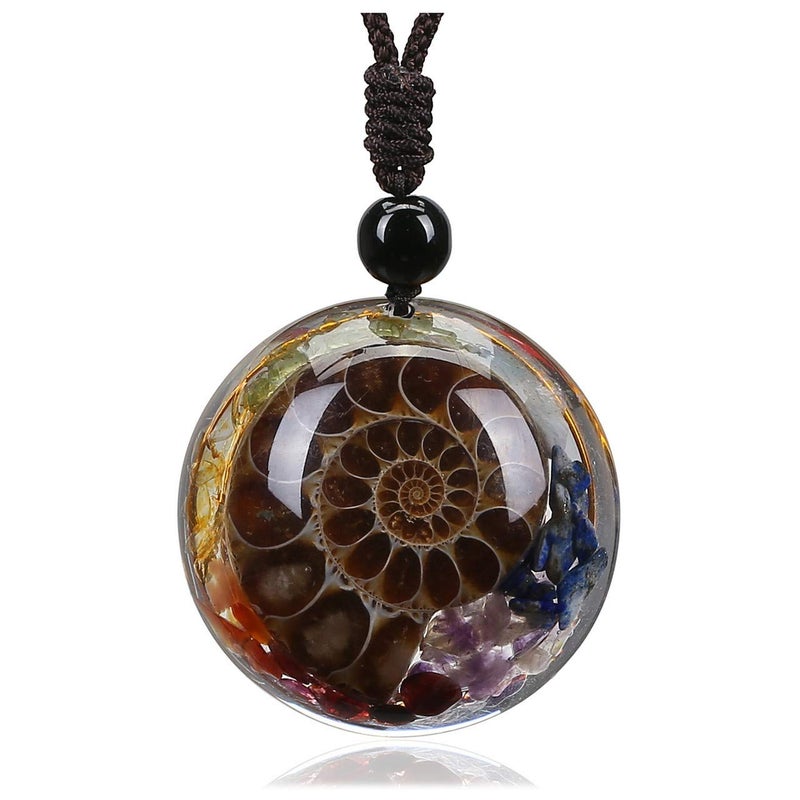 Jovivi 7 Chakra Gemstone Reki Healing Crystal Necklace Round Circle Shape Ammonite Fossil Chip Stones Resin Pendant Necklace for Women Men Jewelry Christmas Gifts - Image 1