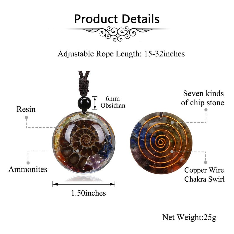 Jovivi 7 Chakra Gemstone Reki Healing Crystal Necklace Round Circle Shape Ammonite Fossil Chip Stones Resin Pendant Necklace for Women Men Jewelry Christmas Gifts - Image 4