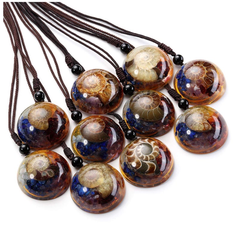 Jovivi 7 Chakra Gemstone Reki Healing Crystal Necklace Round Circle Shape Ammonite Fossil Chip Stones Resin Pendant Necklace for Women Men Jewelry Christmas Gifts - Image 5
