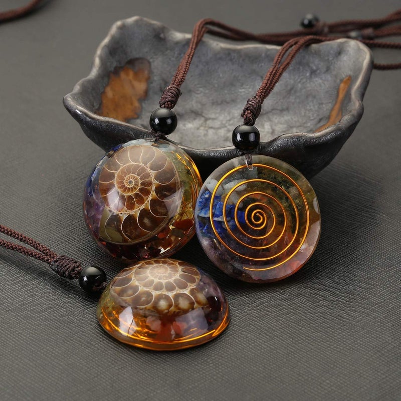 Jovivi 7 Chakra Gemstone Reki Healing Crystal Necklace Round Circle Shape Ammonite Fossil Chip Stones Resin Pendant Necklace for Women Men Jewelry Christmas Gifts - Image 3