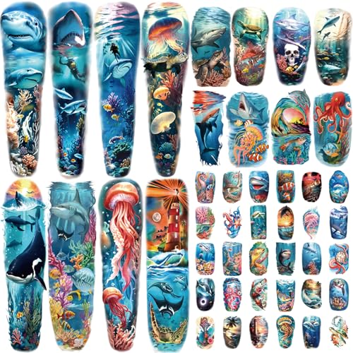atydkug 46 Temporary Tattoo for Men Women, 8 Full Arm Shark Dolphin Fake Tattoos, 8 Half Arm Ocean Fish Fake Tattoos, 30 Tiny for Adults Kids Body Tattoos Stickers Waterproof Realistic - Image 1