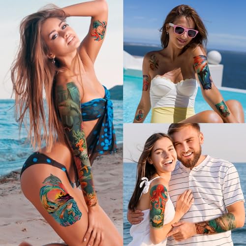 atydkug 46 Temporary Tattoo for Men Women, 8 Full Arm Shark Dolphin Fake Tattoos, 8 Half Arm Ocean Fish Fake Tattoos, 30 Tiny for Adults Kids Body Tattoos Stickers Waterproof Realistic - Image 5