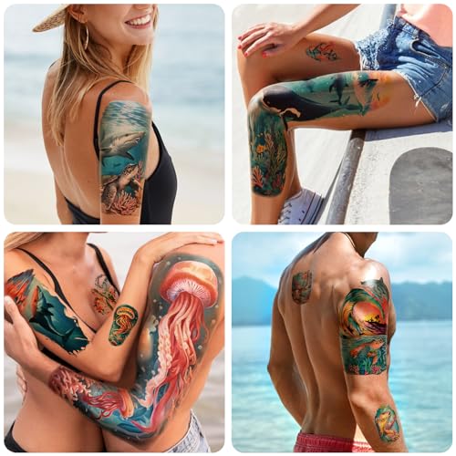 atydkug 46 Temporary Tattoo for Men Women, 8 Full Arm Shark Dolphin Fake Tattoos, 8 Half Arm Ocean Fish Fake Tattoos, 30 Tiny for Adults Kids Body Tattoos Stickers Waterproof Realistic - Image 4