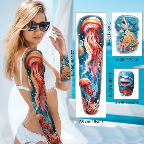atydkug 46 Temporary Tattoo for Men Women, 8 Full Arm Shark Dolphin Fake Tattoos, 8 Half Arm Ocean Fish Fake Tattoos, 30 Tiny for Adults Kids Body Tattoos Stickers Waterproof Realistic - Image 2
