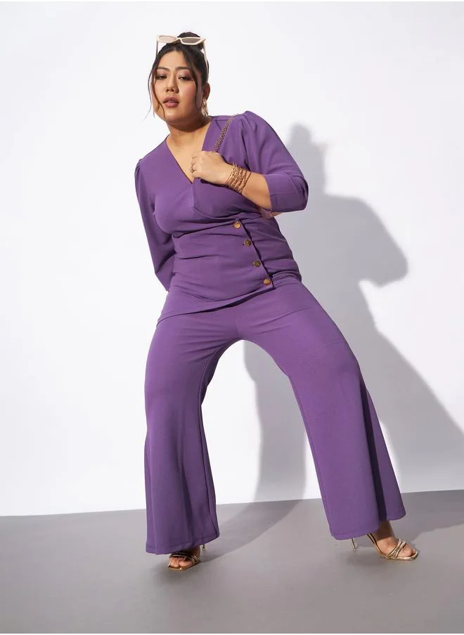 SASSAFRAS Plus V Neck Wrap Top & Kick Pleat Pants Co-Ords by Styli