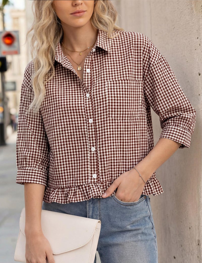 LOMON Womens 3/4 Sleeve Button Down Shirts Cotton V Neck Collared Plaid Tops Cropped Ruffle Casual Blouses Brown Plaid L - Image 4