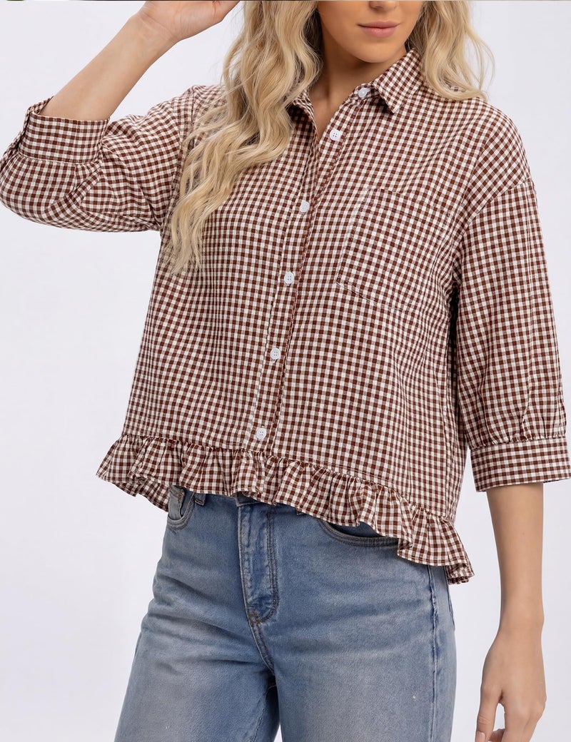 LOMON Womens 3/4 Sleeve Button Down Shirts Cotton V Neck Collared Plaid Tops Cropped Ruffle Casual Blouses Brown Plaid L - Image 5