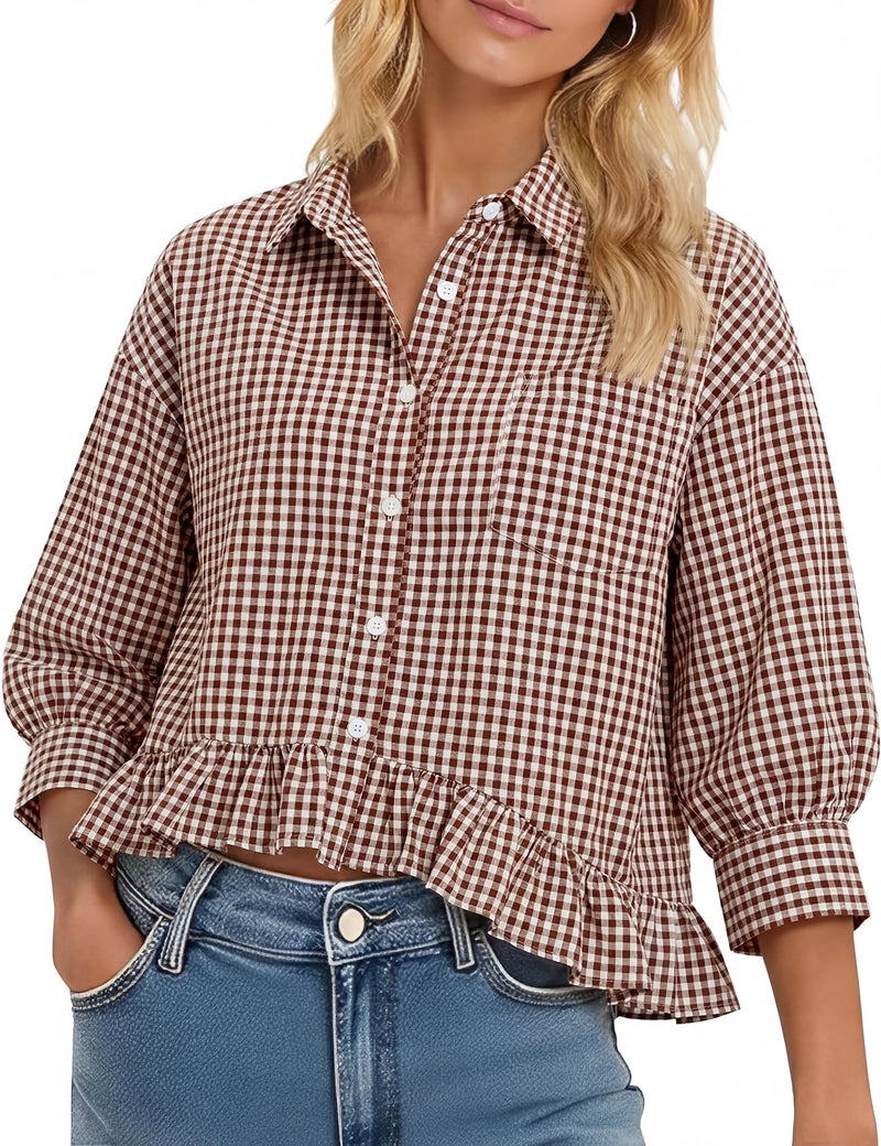 LOMON Womens 3/4 Sleeve Button Down Shirts Cotton V Neck Collared Plaid Tops Cropped Ruffle Casual Blouses Brown Plaid L - Image 1