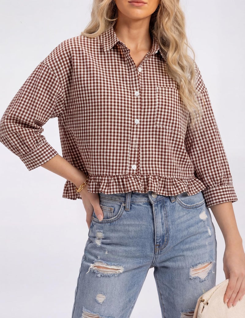 LOMON Womens 3/4 Sleeve Button Down Shirts Cotton V Neck Collared Plaid Tops Cropped Ruffle Casual Blouses Brown Plaid L - Image 2
