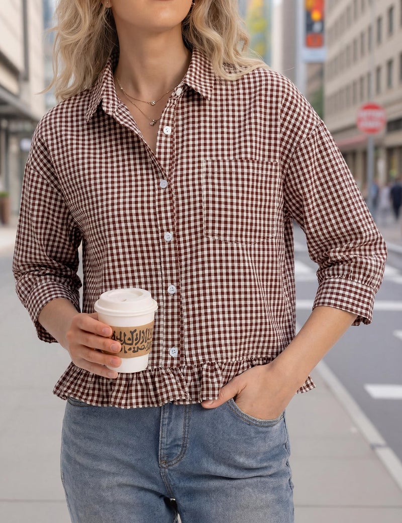 LOMON Womens 3/4 Sleeve Button Down Shirts Cotton V Neck Collared Plaid Tops Cropped Ruffle Casual Blouses Brown Plaid L - Image 3