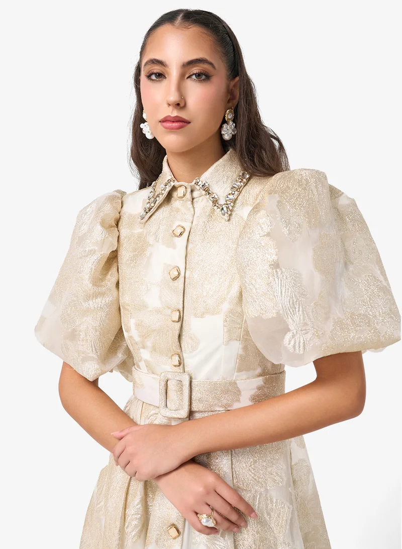 Threadz by Ajooni  Front Button Detailing Puff Sleeve Maxi Dress for Women | Best Price UAE