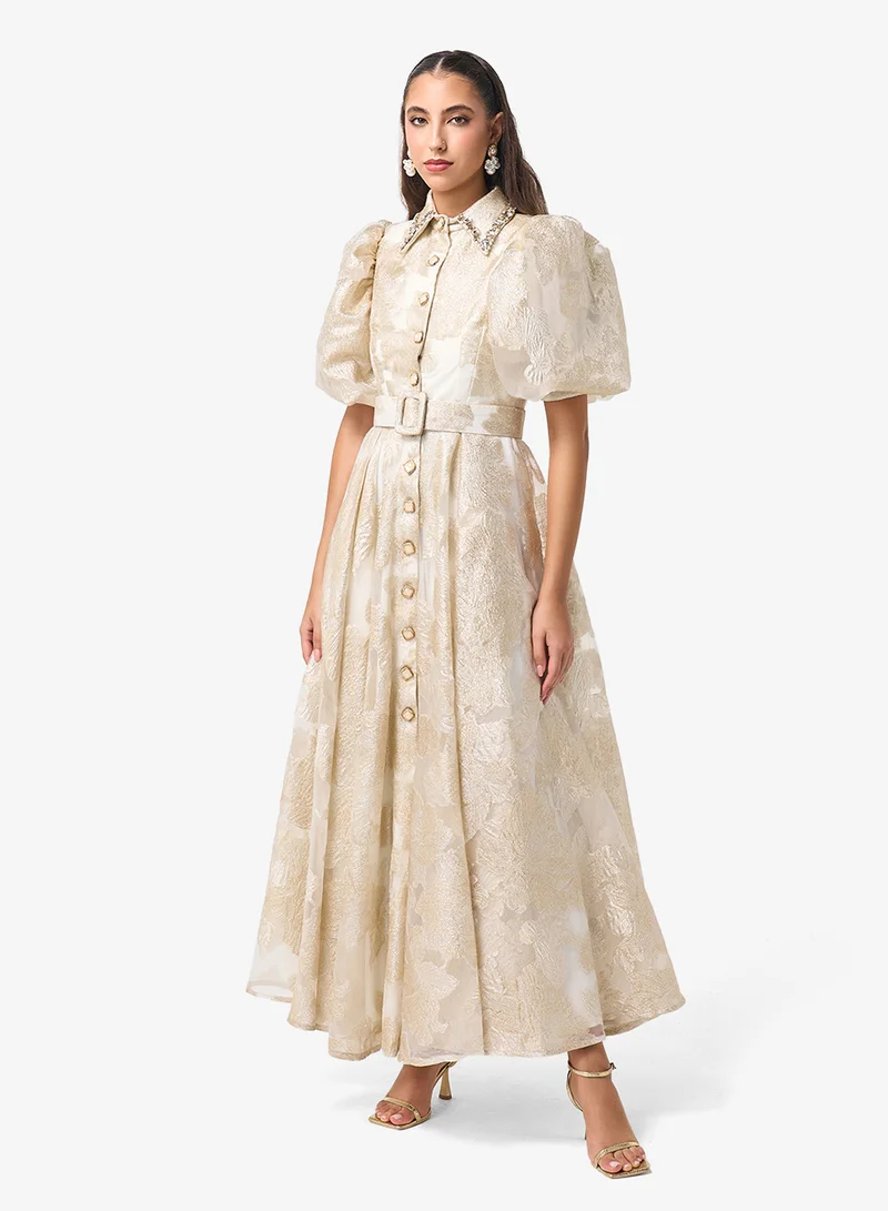 Threadz by Ajooni  Front Button Detailing Puff Sleeve Maxi Dress for Women | Best Price UAE