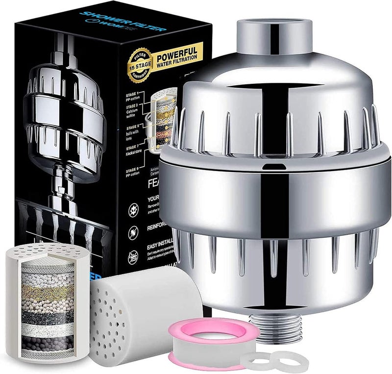 Womdee 15 Stage Shower Filter For Hard Water - Shower Head Filter Remove Chlorine - Shower Filters 2 Cartridges Included - Image 1