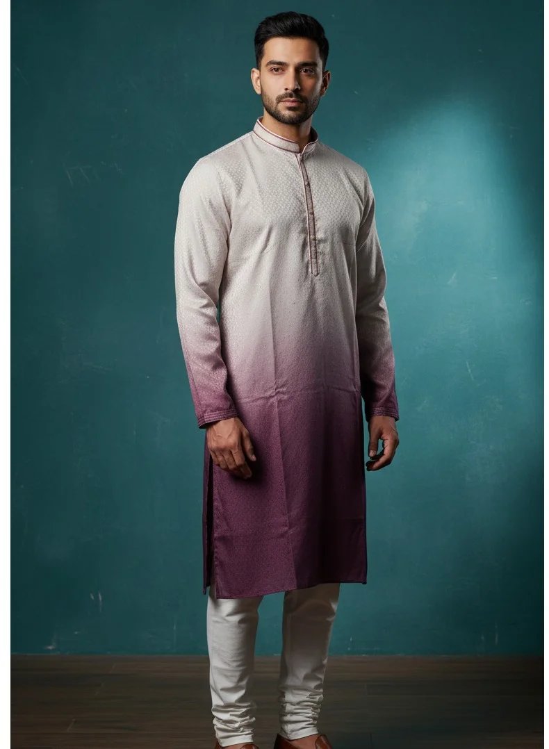 Lehar Men's Pink Ombre Kurta Set with White Pant