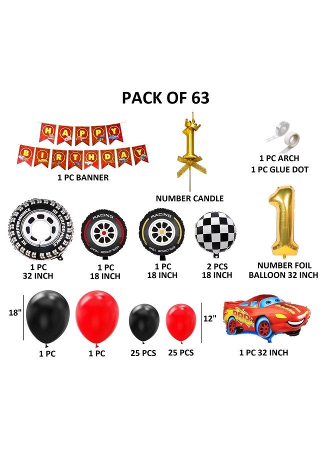 FI - FLICK IN FI - FLICK IN 63 Pcs Lightning Mcqueen Theme Racing Car 1st Birthday Decoration Kit for Boys Number 1 Gold Candle First Birthday Decorations Boy Tyre Foil Balloons (Pack of 63, Red & Black)  - Image 2