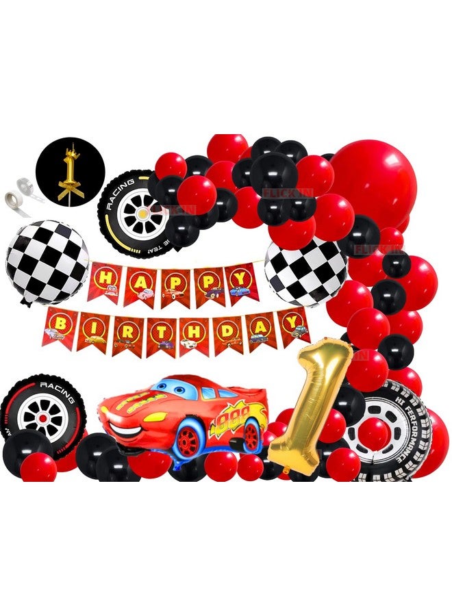 FI - FLICK IN FI - FLICK IN 63 Pcs Lightning Mcqueen Theme Racing Car 1st Birthday Decoration Kit for Boys Number 1 Gold Candle First Birthday Decorations Boy Tyre Foil Balloons (Pack of 63, Red & Black)  - Image 1