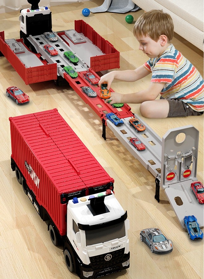 Construction Truck Playset, Construction Vehicle Playset, Container Truck Toy, Orbital Catapult Car Toy, With 8 Cars, Track Toy, Inertial Drive - Image 1