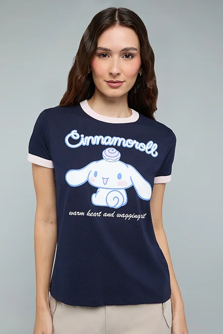 R&B Cinnamoroll Print T-Shirt with Crew Neck and Short Sleeves