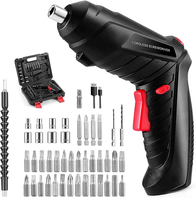LOMESH Electric Drill and Hand Tools Kit for Home DIY and Professional use 47 Accessories Rechargeable Cordless Power Drill Driver Screwdriver Kit Black - Image 1