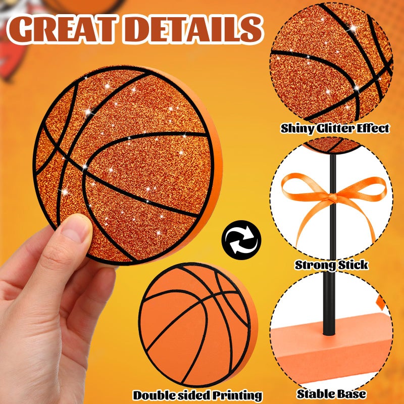 Novabright 3 Pcs Glitter Basketball Tiered Tray Decor Set Wood Sport Theme Table Decor for Sport Lover Birthday Baby Shower Party Centerpiece Supplies - Image 3