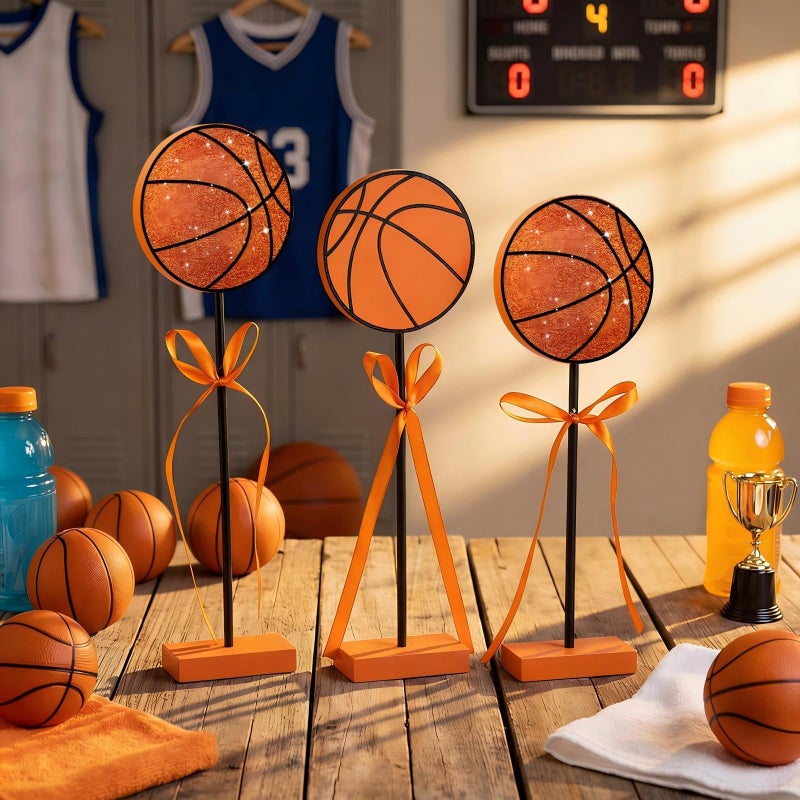 Novabright 3 Pcs Glitter Basketball Tiered Tray Decor Set Wood Sport Theme Table Decor for Sport Lover Birthday Baby Shower Party Centerpiece Supplies - Image 5