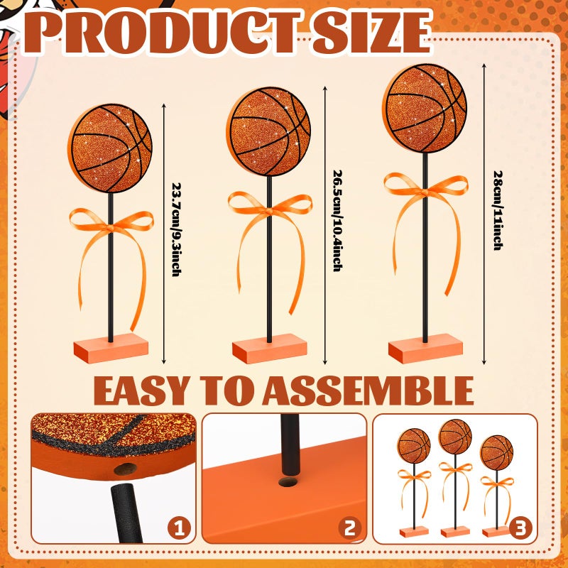 Novabright 3 Pcs Glitter Basketball Tiered Tray Decor Set Wood Sport Theme Table Decor for Sport Lover Birthday Baby Shower Party Centerpiece Supplies - Image 2