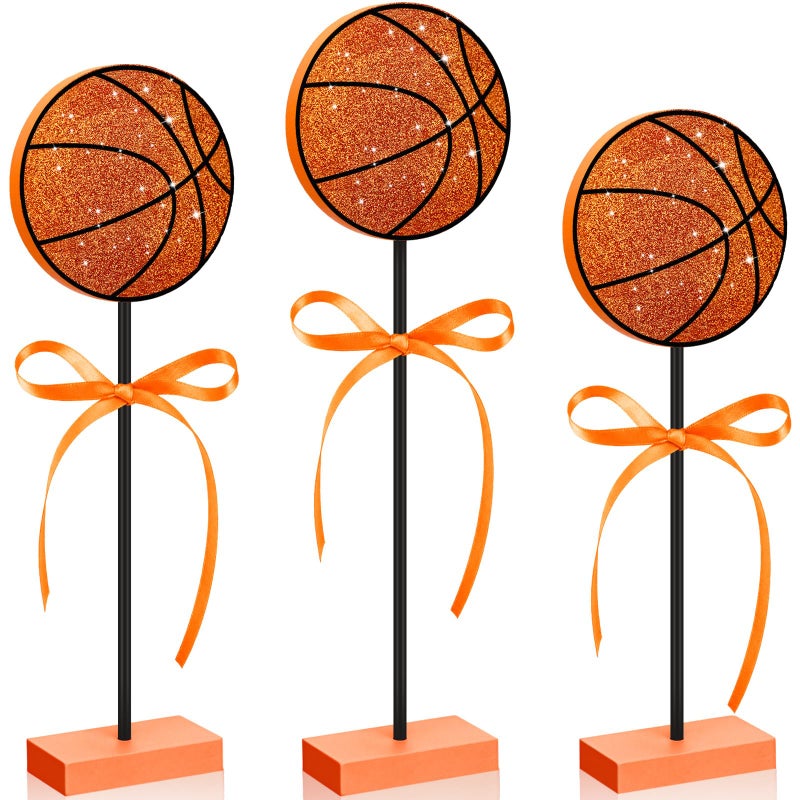 Novabright 3 Pcs Glitter Basketball Tiered Tray Decor Set Wood Sport Theme Table Decor for Sport Lover Birthday Baby Shower Party Centerpiece Supplies - Image 1