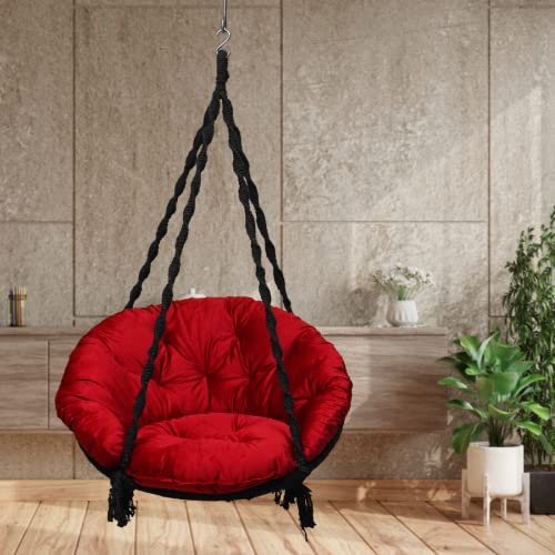 Patiofy Cotton Swing For Adult/Premium Round Shaped Jhula For Adults/Swing For Balcony/Hammock Swing/Jhoola Outdoor/ 150Kgs Weight Capacity/Includes Large Red Sitting Cushion (Black-32Inches) - Image 1