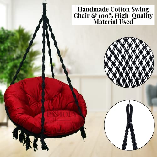 Patiofy Cotton Swing For Adult/Premium Round Shaped Jhula For Adults/Swing For Balcony/Hammock Swing/Jhoola Outdoor/ 150Kgs Weight Capacity/Includes Large Red Sitting Cushion (Black-32Inches) - Image 5