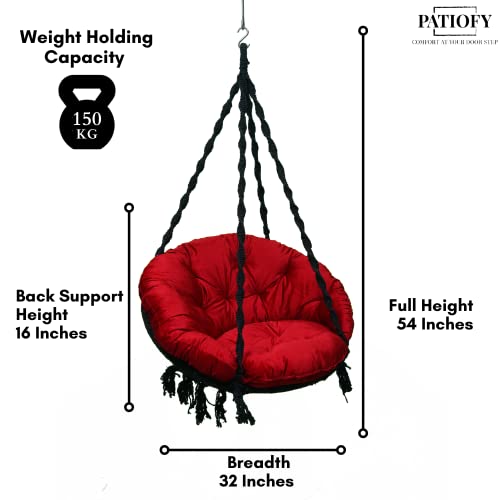 Patiofy Cotton Swing For Adult/Premium Round Shaped Jhula For Adults/Swing For Balcony/Hammock Swing/Jhoola Outdoor/ 150Kgs Weight Capacity/Includes Large Red Sitting Cushion (Black-32Inches) - Image 3