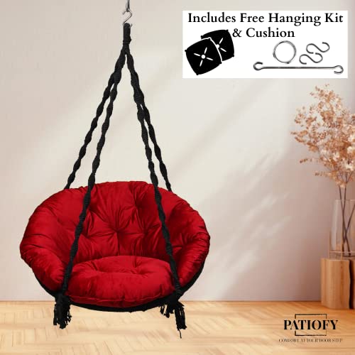Patiofy Cotton Swing For Adult/Premium Round Shaped Jhula For Adults/Swing For Balcony/Hammock Swing/Jhoola Outdoor/ 150Kgs Weight Capacity/Includes Large Red Sitting Cushion (Black-32Inches) - Image 2