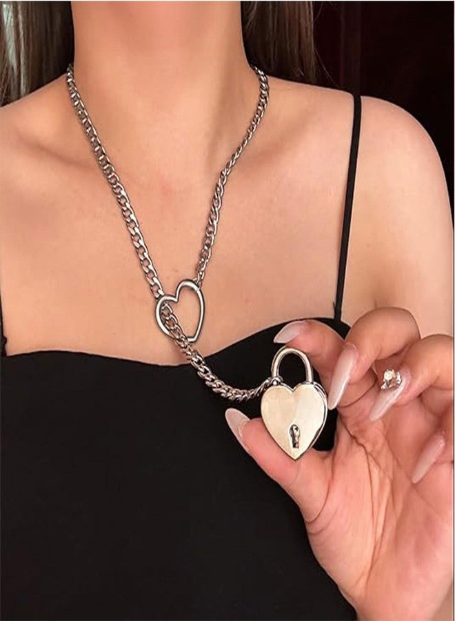 Decixde Slip Chain Necklace for Women Heart O-Ring Chain Necklace Long Cuban Chain Necklace Adjustable Lariat Y-Necklace Heart Locker With Key (silver lock) - Image 2
