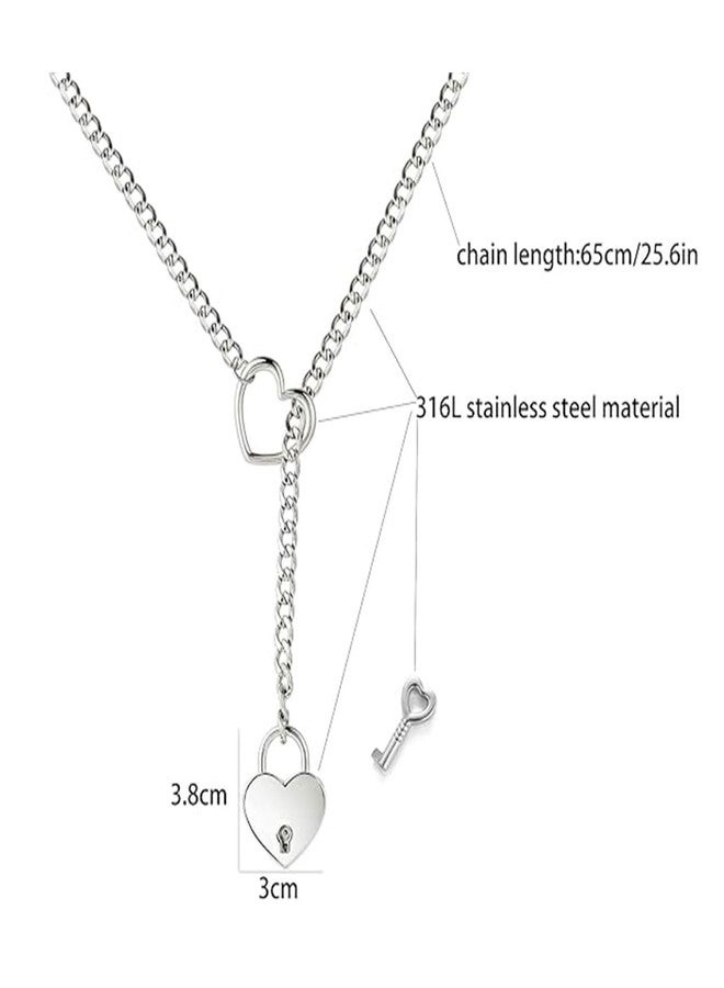 Decixde Slip Chain Necklace for Women Heart O-Ring Chain Necklace Long Cuban Chain Necklace Adjustable Lariat Y-Necklace Heart Locker With Key (silver lock) - Image 3