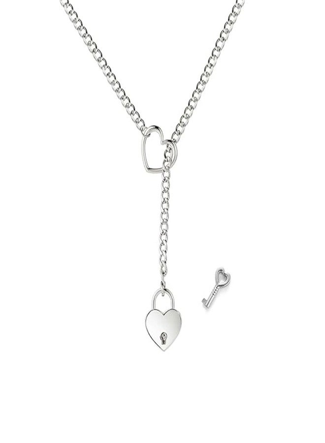 Decixde Slip Chain Necklace for Women Heart O-Ring Chain Necklace Long Cuban Chain Necklace Adjustable Lariat Y-Necklace Heart Locker With Key (silver lock) - Image 1