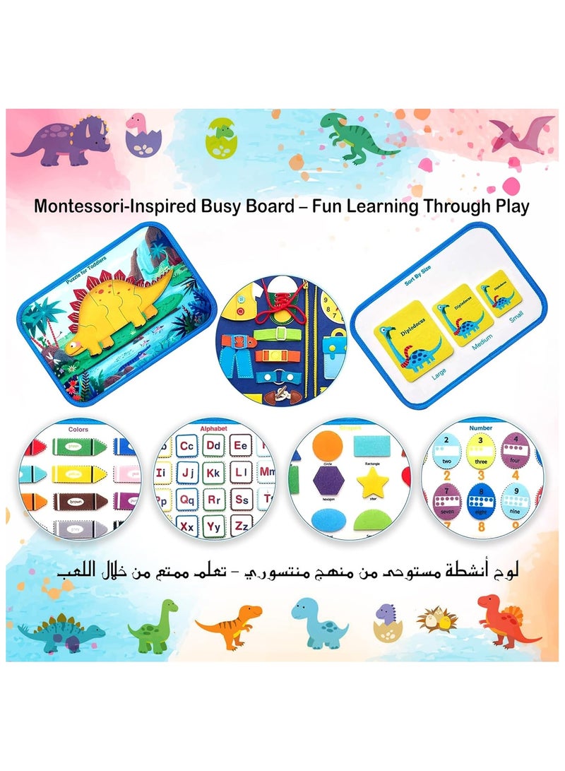Soofam Toddler Busy Board Montessori Toys, Sensory Board Educational Activities busy book for Learning Fine Motor Skills, Gifts for Girls Boys Toddlers, Travel Toys for Airplane Car, Blue Dinosaur - Image 5