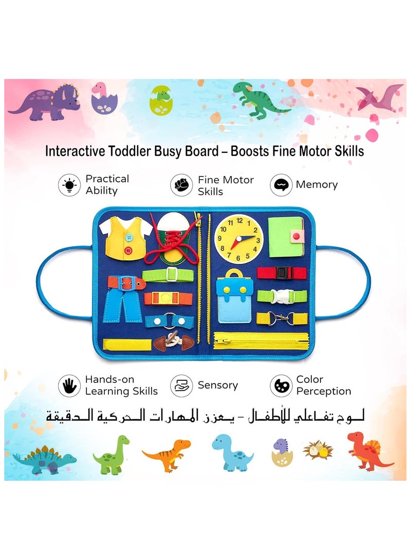 Soofam Toddler Busy Board Montessori Toys, Sensory Board Educational Activities busy book for Learning Fine Motor Skills, Gifts for Girls Boys Toddlers, Travel Toys for Airplane Car, Blue Dinosaur - Image 3