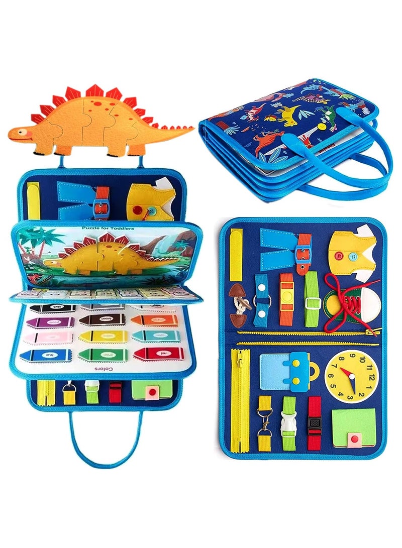 Soofam Toddler Busy Board Montessori Toys, Sensory Board Educational Activities busy book for Learning Fine Motor Skills, Gifts for Girls Boys Toddlers, Travel Toys for Airplane Car, Blue Dinosaur - Image 1