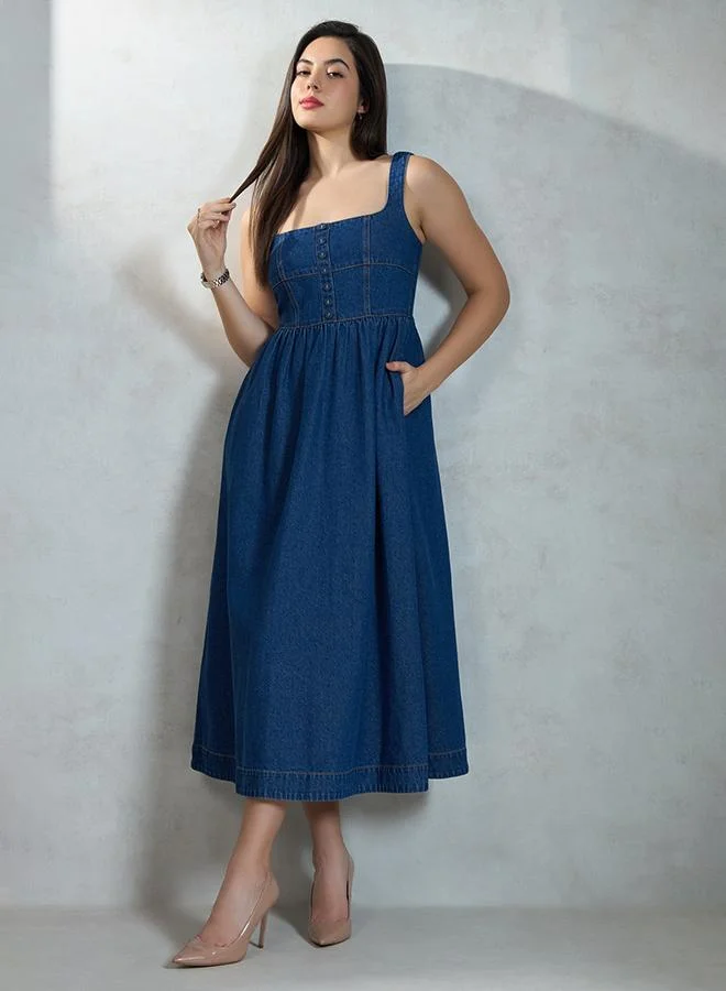 Virgio VIRGIO 100% Cotton Denim Flared Midi Dress