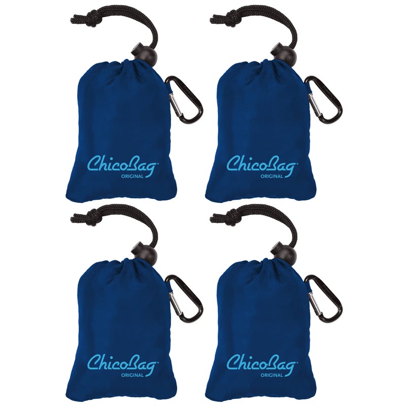 ChicoBag Original Compact Reusable Grocery Bag with Attached Pouch and Carabiner Clip 4 Pack Blue