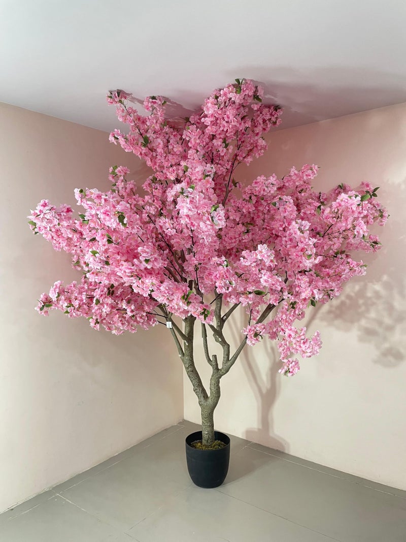 ARICK DECOR Artificial Cherry Blossom Tree, White Indoor Decorative Plant, 6 Feet Tall, Faux Silk Flowers with Green Leaves, Black Planter Pot (Pink and Black) - Image 2