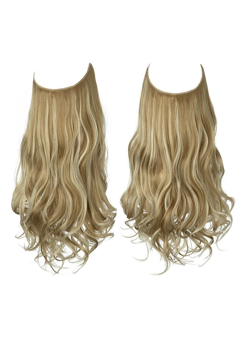 إستيل وصلات شعر مموجة مموجة مجعد الاصطناعية قطعة شعر أشقر داكن 3.7 أونصة عقال سلكي شفاف قابل للتعديل للنساء - Image 2