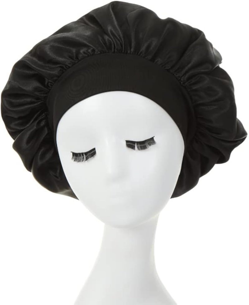Silky Hair Bonnet for Sleeping, Wide Elastic Band Satin Bonnet Tie Band Silk Bonnet Shower Cap with for Women Girls, Satin Head Cover for Long Curly Braid Hair Night Sleep Hair Protection