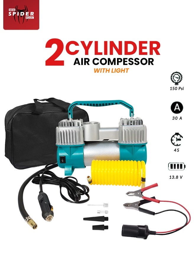 سبايدر ضاغط هواء محمول ثنائي الأسطوانات من سبايدر، يعمل بجهد 12 فولت، بقوة 150 رطل لكل بوصة مربعة، لنفخ إطارات السيارات، مزود بإضاءة LED، ومضخة معدنية شديدة التحمل، ومشبك بطارية، ومضخة هواء سريعة النفخ للسيارات، وسيارات الدفع الرباعي، والدراجات، والدراجات النارية، والشاحنات، والمنتجات القابلة للنفخ. - Image 1