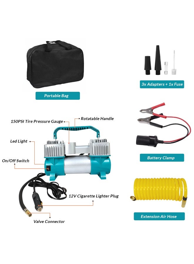 سبايدر ضاغط هواء محمول ثنائي الأسطوانات من سبايدر، يعمل بجهد 12 فولت، بقوة 150 رطل لكل بوصة مربعة، لنفخ إطارات السيارات، مزود بإضاءة LED، ومضخة معدنية شديدة التحمل، ومشبك بطارية، ومضخة هواء سريعة النفخ للسيارات، وسيارات الدفع الرباعي، والدراجات، والدراجات النارية، والشاحنات، والمنتجات القابلة للنفخ. - Image 4